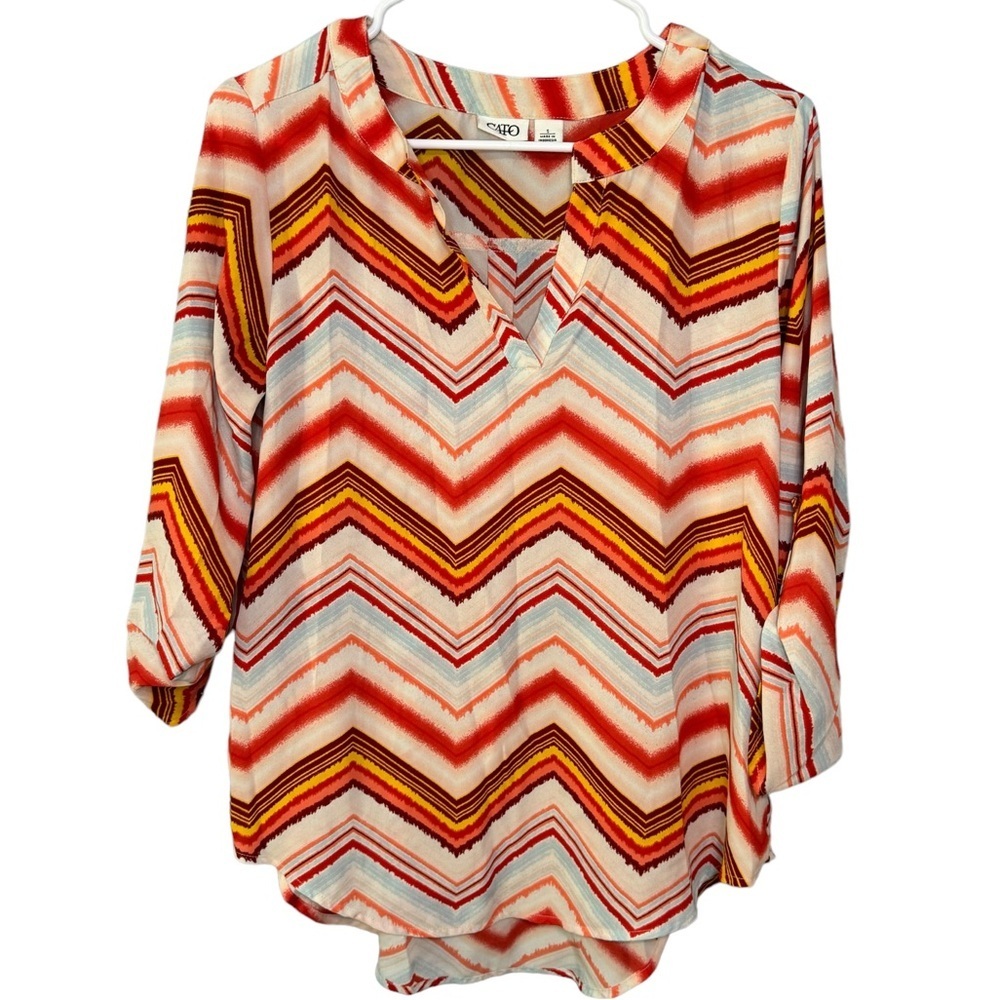 Cato Women Orange Geometric Pattern Blouse with Roll Tab Sleeves Small
